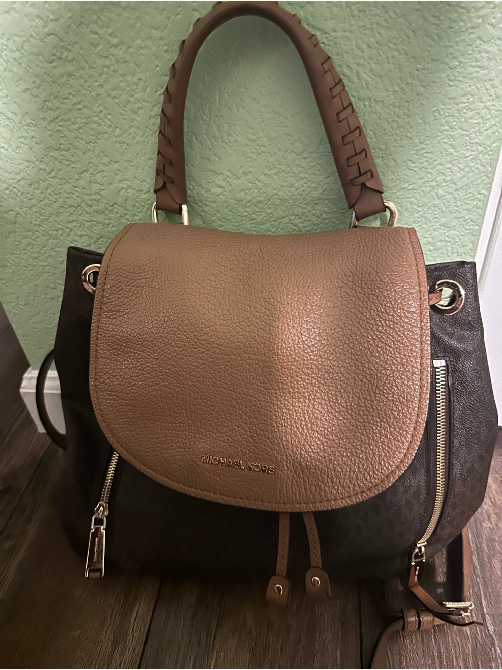 Michael Kors Two-Tone Brown/Tan Leather Flap Shoulder Bag